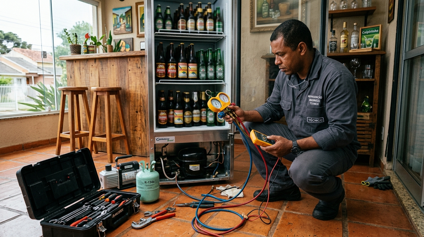 Técnico revisando o motor de uma cervejeira durante chamado em São Luís‑MA
