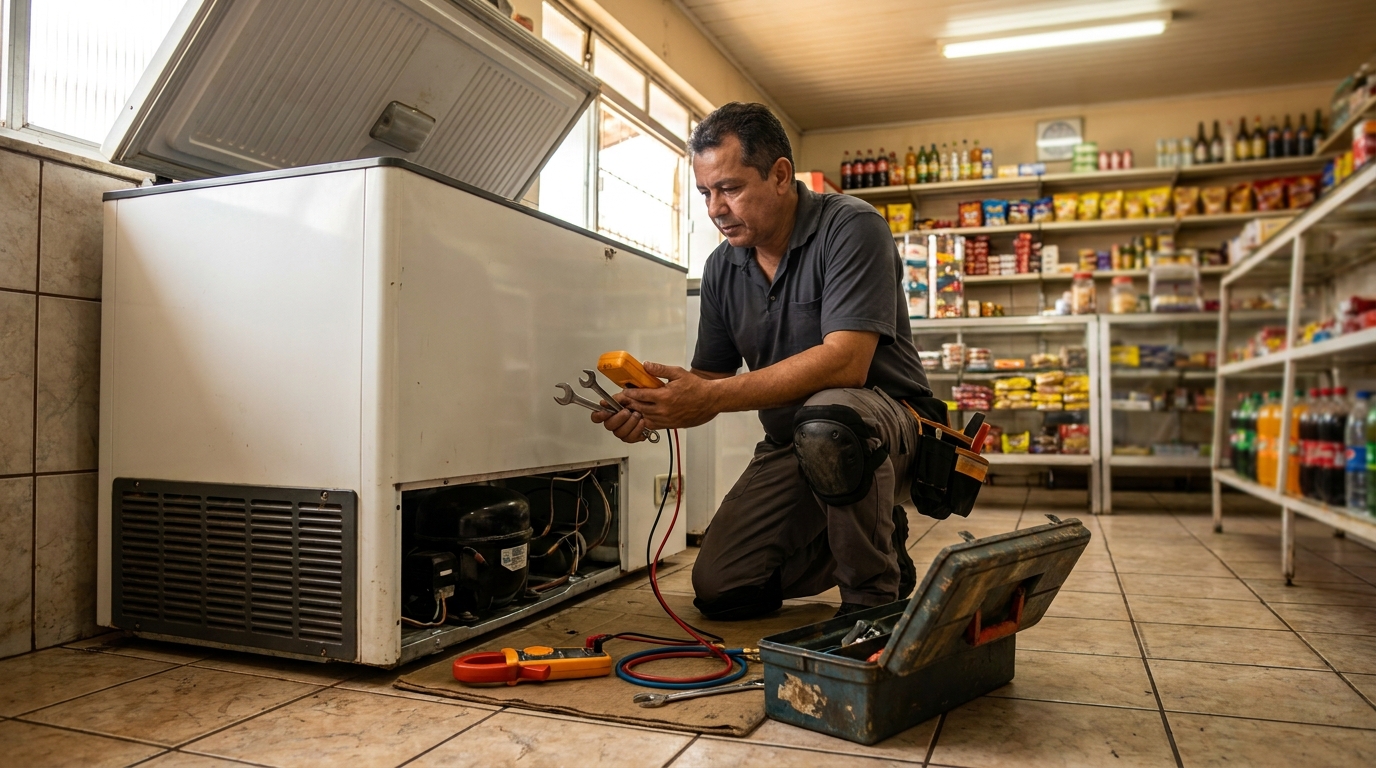 Técnico reparando o motor de um freezer horizontal em São Luís‑MA