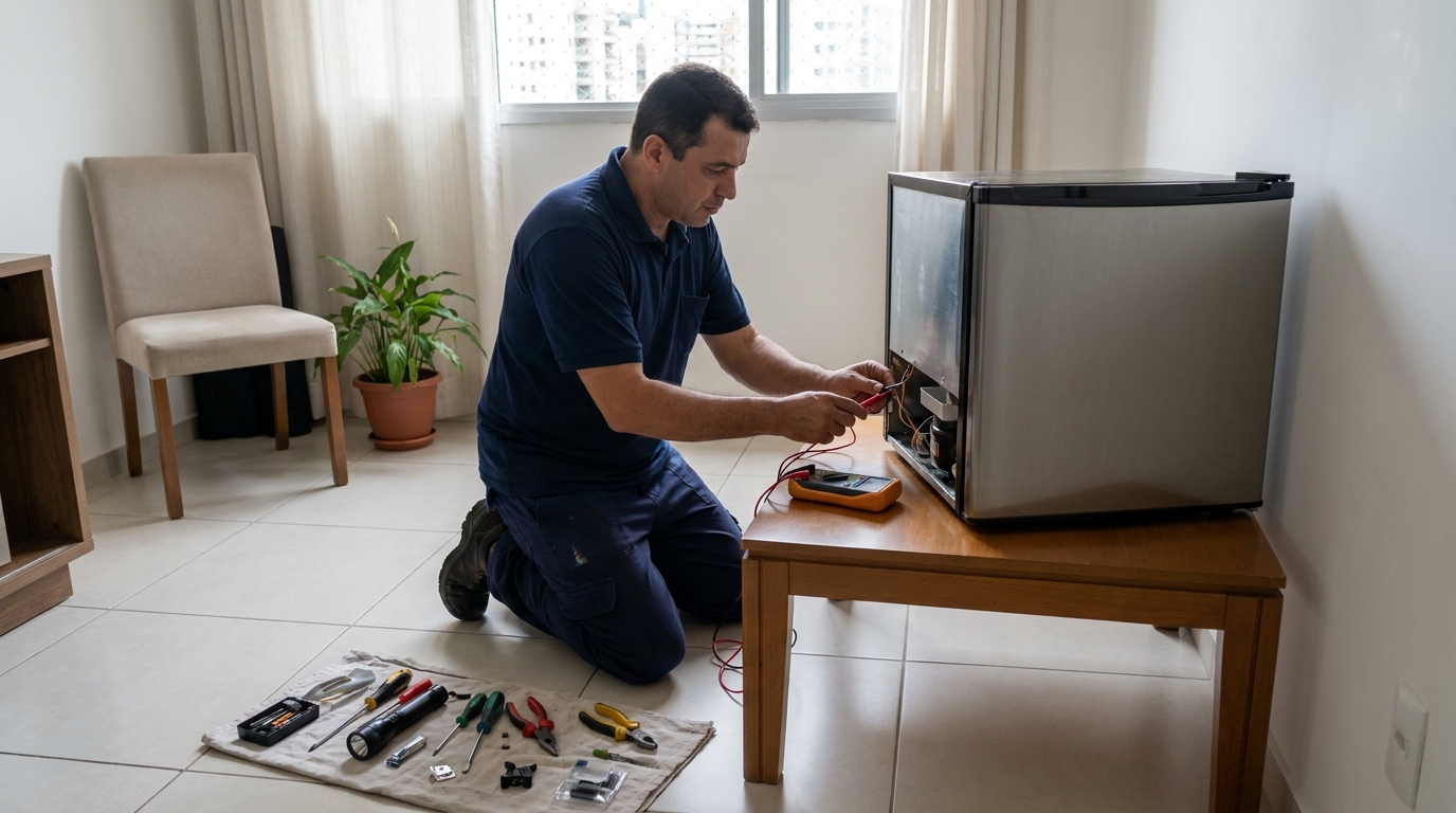 Técnico avaliando um frigobar compacto durante atendimento em São Luís‑MA